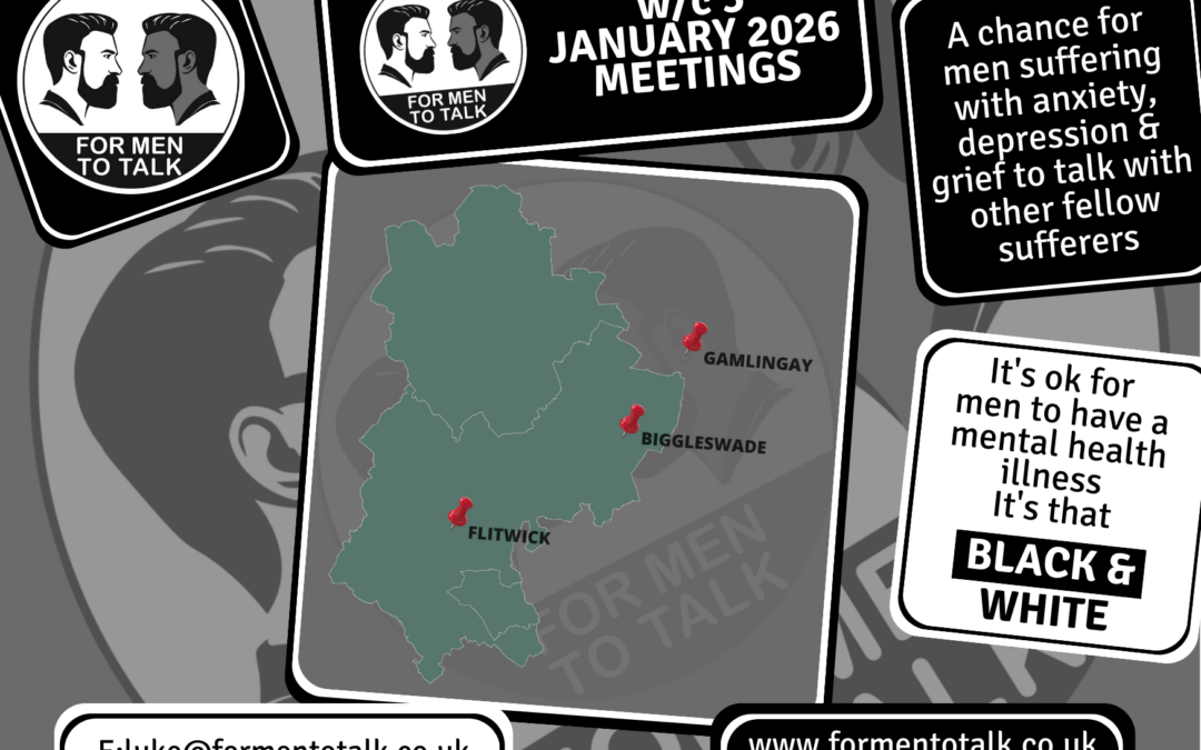 ‘For Men To Talk’. This week’s support groups, week commencing 5 January 2026 Meetings