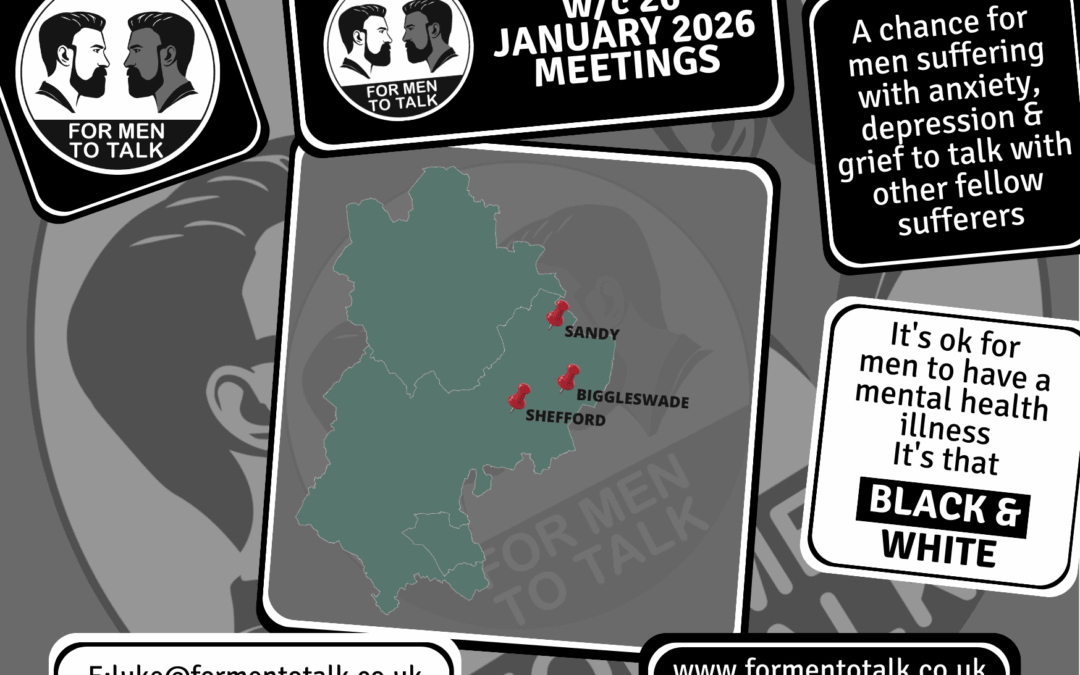 ‘For Men To Talk’. Weekly safe spaces for men, week commencing 26 January 2026 Meetings